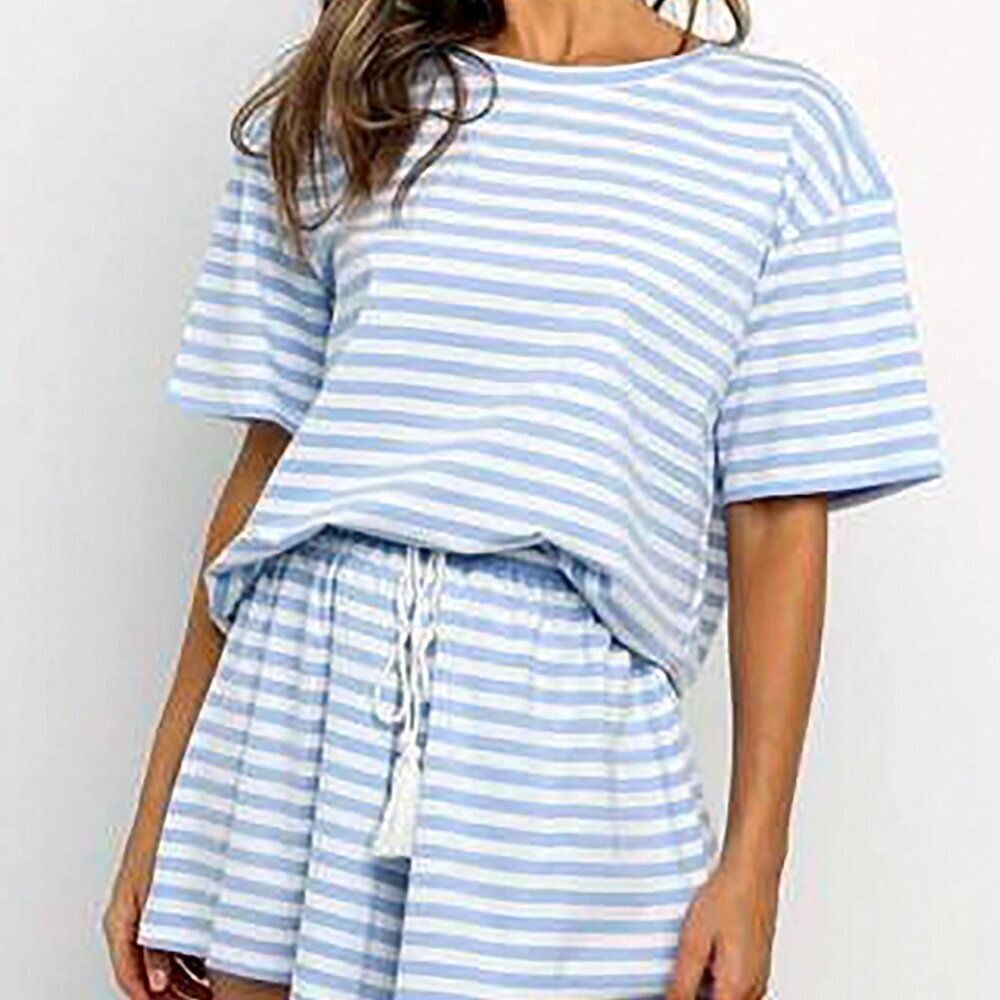 Blue Casual Women's Striped Short Sleeve T-Shirt and Shorts